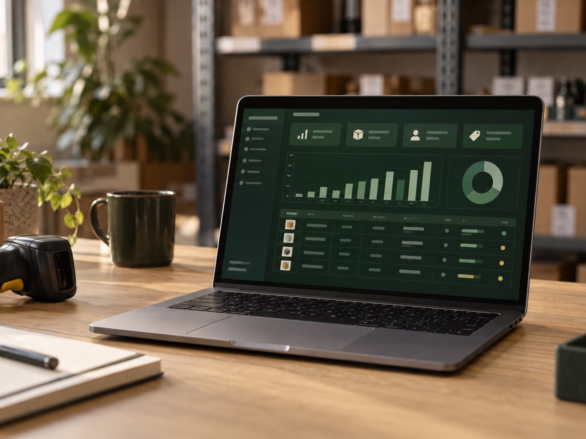 لابتوب يعرض لوحة نظام ERP للمبيعات والمخزون في مكتب متجر (صورة توضيحية)